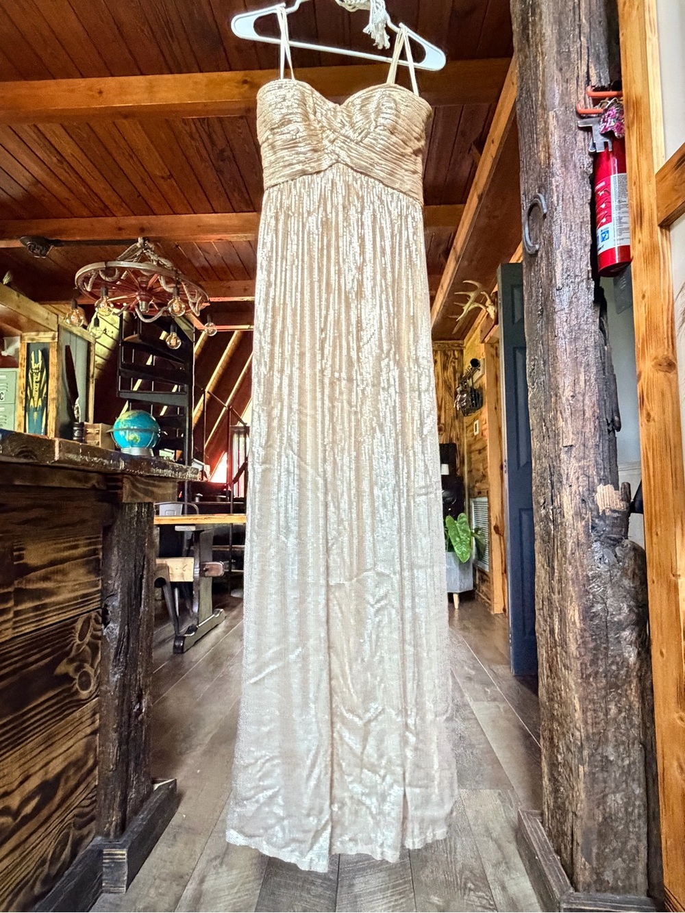 La Femme Champagne Sequin Maxi Dress with Spaghetti Straps
